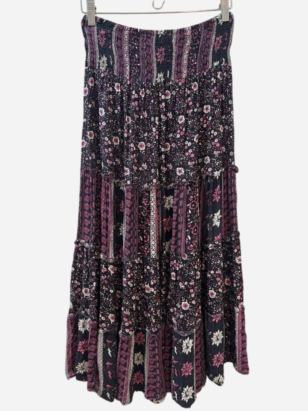 Coline - Floral Smocked Tiered Skirt - Black, Pink & Cream - FS